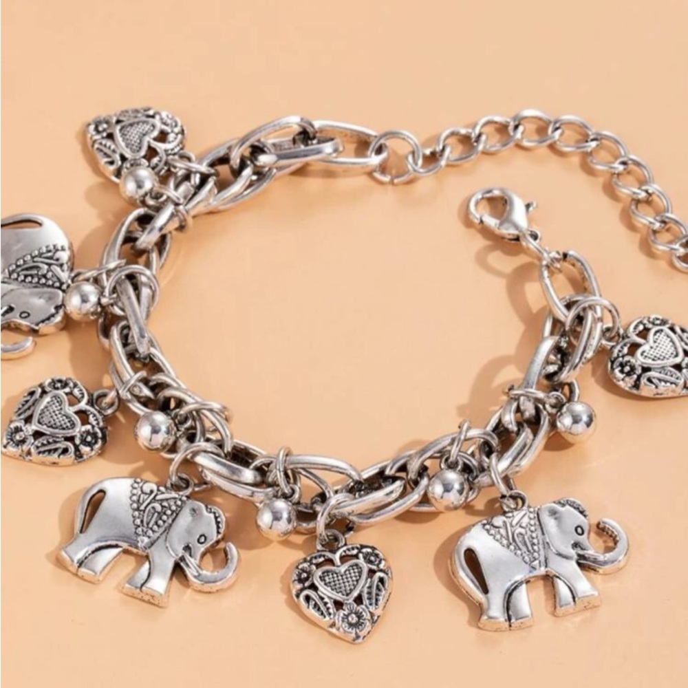 Silver Elephant & Heart Charm Anklet - Women's Jewelry - Picture 2 of 5